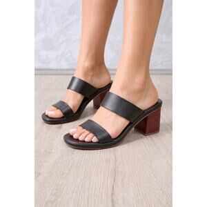 QUINCE Black Italian Leather Mid Wood Block Heel Sandals 8 Minimalist Casual